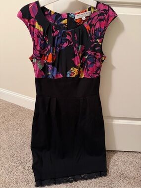 Trina Turk Black Midi Dress with Pink Purple Floral Bodice